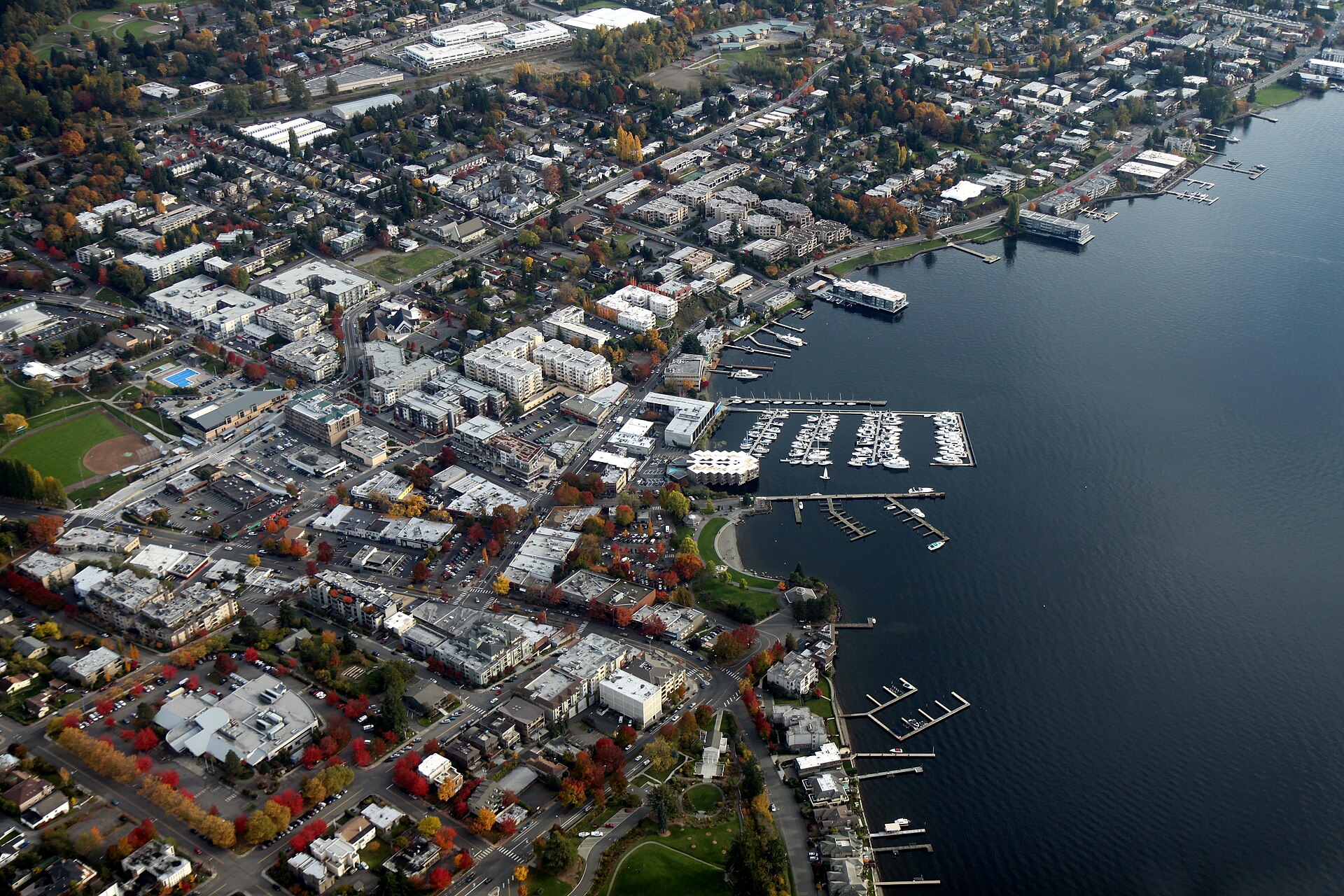 Aerial view of downtown Kirkland, its marina and the Lake Washington shoreline